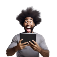 Portrait of black young man attractive cheerful amazed using tablet computer png