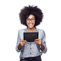 Portrait of black young woman laughing happy smiling with using tablet computer png