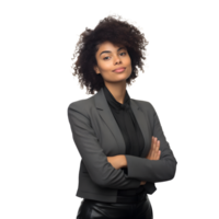 Portrait of young business woman happy smiling and standing posing arms crossed, png