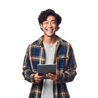 Portrait of asian young man happy smiling cheerful using tablet computer, png