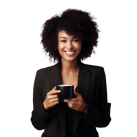 portrait of happy young business woman with cup of coffee png