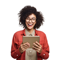 Portrait of black young woman laughing happy smiling with using tablet computer png