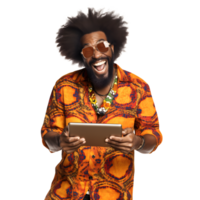 Portrait of black young man attractive cheerful amazed using tablet computer png