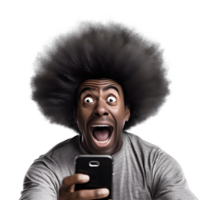 Portrait of black young man happy smiling cheerful using smart phone png