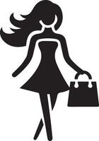 Minimal shopping woman icon silhouette, white background, fill with black 2 vector