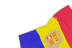 Realistic flag of Andorra with folds, on transparent background. Footer, corner design element. Perfect for patriotic themes or national event promotions. Empty, copy space. 3D render png