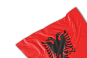 realistisch vlag van Albanië met vouwen, Aan transparant achtergrond. voettekst, hoek ontwerp element. perfect voor patriottisch thema's of nationaal evenement promoties. leeg, kopiëren ruimte. 3d veroorzaken. png