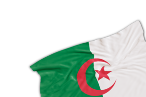 Realistic flag of Algeria with folds, on transparent background. Footer, corner design element. Perfect for patriotic themes or national event promotions. Empty, copy space. 3D render png