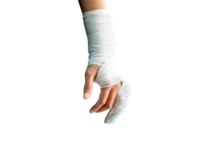Woman's hand wrapped in white bandage from accident, injury, accident insurance, soft splint on finger, copy space png