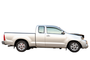 Side view of gray or bronze pickup car get damaged by accident on the road. damaged cars after collision. isolated on transparent background, File png