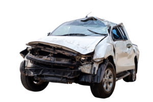 Car crash, Front and Side view of white pickup car get hard damaged by accident on the road. damaged cars after collision. isolated on transparent background, File png