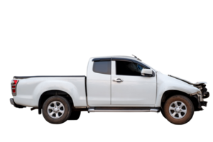 Car crash, Side view of white pickup car get hard damaged by accident on the road. damaged cars after collision. isolated on transparent background, File png