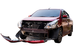 Car crash, Full body front and side view of red car get damaged by accident on the road. damaged cars after collision. Isolated on transparent background, car crash broken, File png