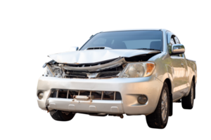 Front of gray or bronze pikup car get damaged by accident on the road. damaged cars after collision. isolated on transparent background, File png