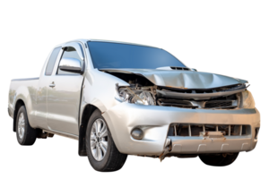 Front of gray or bronze pikup car get damaged by accident on the road. damaged cars after collision. isolated on transparent background. FIle png