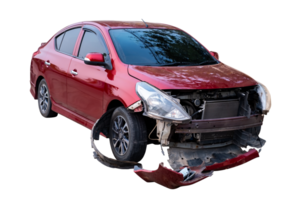 Car crash, Full body front and side view of red car get damaged by accident on the road. damaged cars after collision. Isolated on transparent background, car crash broken, File png