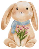 mignonne lapin en portant tulipe fleur, dessin animé aquarelle, lapin lapin png