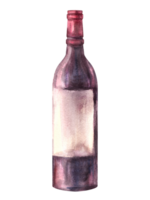 Bottle of red wine. Alcoholic beverage, liqueur, schnapps, juice. Watercolour hand drawn illustration. Grape winemaking. Drink menu, wine list, label, sticker print clipart png