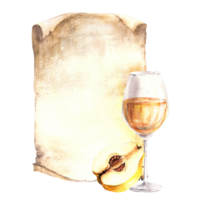 kweepeer fruit met glas van wijn of sap. geel besnoeiing fruit Aan wijnoogst papier achtergrond, alcoholisch drank menu, wijn lijst sjabloon. likeur, schnaps etiket waterverf hand- getrokken illustratie geïsoleerd png