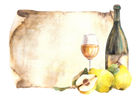 Quince fruit with bottle and glass of wine or juice. Yellow whole and cut fruit on vintage paper background, menu, wine list template Liquor, schnapps label Watercolor hand drawn illustration png