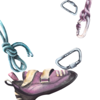 Watercolor bouldering, climbing equipment. Climb shoes and metal carabiners with a safety rope and a knot . Sport hand painted illustration Clipart for card, booklet print. background png