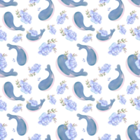 Baby whale with flowers kids seamless pattern. watercolor cute background png