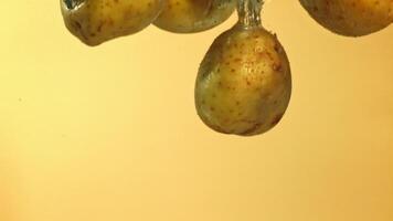 Super slow motion potatoes fall under water on a yellow background. High quality FullHD footage video