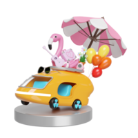 3d bus or van on podium with guitar, luggage, balloons, camera, sunglasses, flower, umbrella, flamingo isolated. summer travel concept, 3d render illustration png