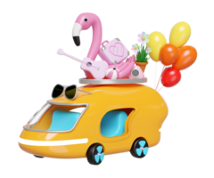 3d bus or van with guitar, luggage, balloons, camera, sunglasses, flower, flamingo isolated. summer travel concept, 3d render illustration png