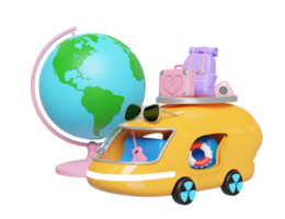 3d bus of busje met gitaar, bagage, camera, zonnebril, wereldbol geïsoleerd. zomer reizen concept, 3d geven illustratie png