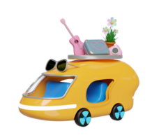 3d Bus oder van mit Gitarre, Gepäck, Kamera, Sonnenbrille, Blume isoliert. Sommer- Reise Konzept, 3d machen Illustration png