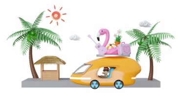 3d tourist buses run along the beach road with boy, tree, guitar, luggage, sunglasses, flower, flamingo isolated. summer travel concept, 3d render illustration png