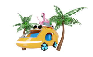 3d bus or van with tree, guitar, luggage, camera, sunglasses, flower, flamingo isolated. summer travel concept, 3d render illustration png