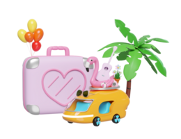 3d bus or van with tree, guitar, luggage, balloons, camera, sunglasses, flower, flamingo isolated. summer travel concept, 3d render illustration png