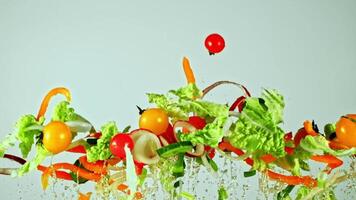 un vistoso ensalada presentando frondoso lechuga, maduro Tomates, y vibrante pimientos, desplegado en un limpiar blanco antecedentes. un delicioso mezcla de fresco, natural a base de plantas ingredientes video