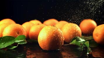 Drops of water fall on ripe tangerines. On a black background. Filmed is slow motion 1000 frames per second. High quality FullHD footage video