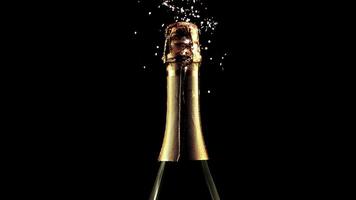 Super slow motion bottle of champagne with fireworks on a black background. Filmed on a high-speed camera at 1000 fps.High quality FullHD footage video