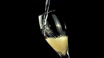 Champagne con schiuma e aria bolle è versato in il bicchiere. su un' nero sfondo. girato è lento movimento 1000 montatura per secondo. alto qualità FullHD metraggio video