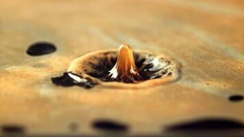 un' far cadere di spray cascate in il nero caffè. macro sfondo. il struttura di il caffè. girato è lento movimento 1000 montatura per secondo. video