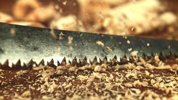 Sawdust falls on the table. On a wooden background. Filmed is slow motion 1000 frames per second.High quality FullHD footage video