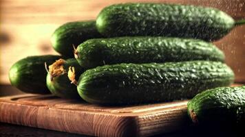 Drops of water fall on the cucumbers on the cutting board. On a wooden background. Filmed is slow motion 1000 frames per second. video