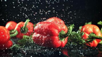 Drops of water with splashes fall on the sweet pepper. On a black background. Filmed is slow motion 1000 fps. video