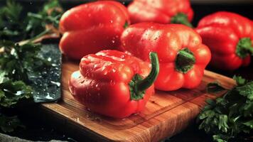 Drops of water fall on the sweet pepper with greens. Filmed is slow motion 1000 fps.High quality FullHD footage video