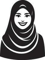 un sonriente hijab mujer plano silueta, negro color silueta dieciséis vector