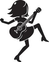 mínimo cómic niña bailando con guitarra gracioso plano personaje silueta, negro color silueta 10 vector