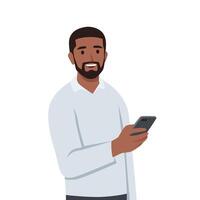 Young man holding a smartphone. Person and gadget. vector