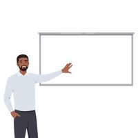 Young man explaining material on school lesson whiteboard. Educational process at university. vector