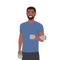 Young black man workout using dumbbells doing bicep curl concept. vector