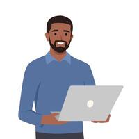 Young black man holding or using laptop computer. Laptop computer technology. vector