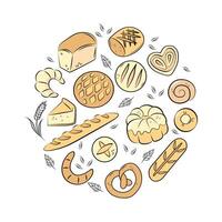 Bakery, bread, baguette, croissant, bun, pie. Round composition. vector